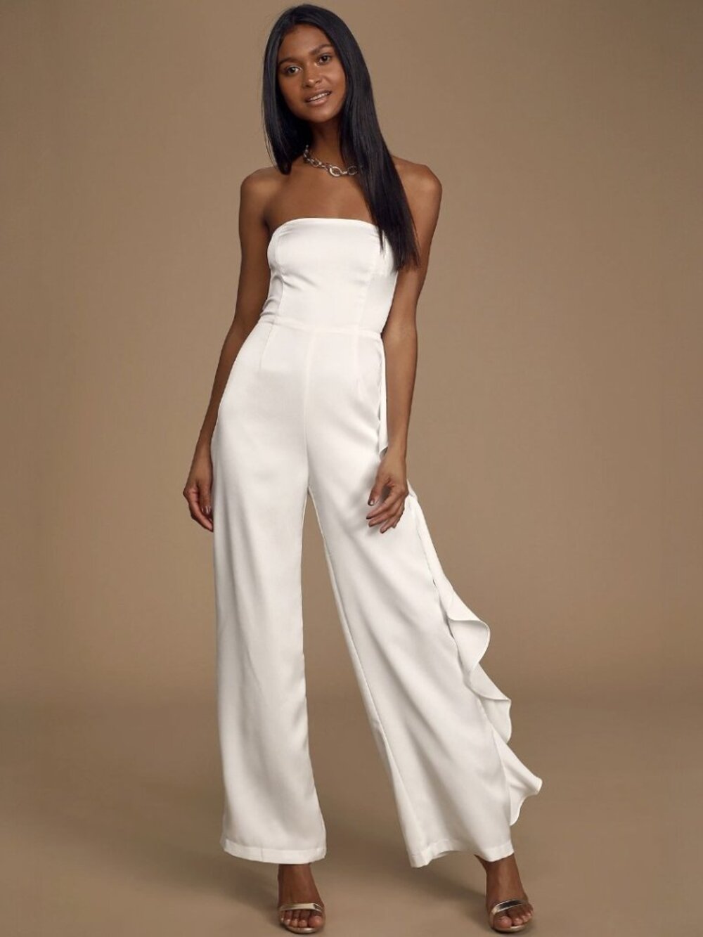 Lulus Cascading Love White Strapless Ruffled Wide-Leg Jumpsuit NWT - Picture 5 of 9